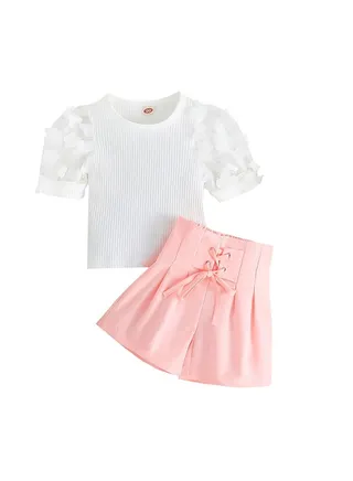Girl's Summer Top And Lace-Up Shorts Two-Piece Set 