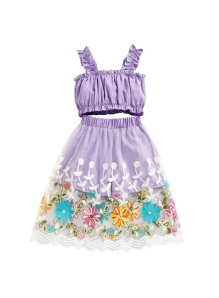 Girls Summer Beach Style Sling Dress Two Piece Set 
