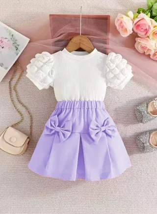 New Girls' Bubble Short Sleeve Top with Bow Skirt Set 