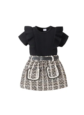 Girls' New Summer T-Shirt And Skirt Belt Set 