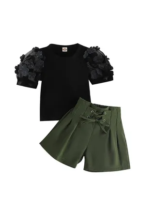 Girl's Summer Top And Lace-Up Shorts Two-Piece Set 