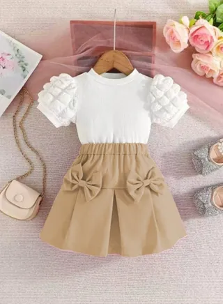 New Girls' Bubble Short Sleeve Top with Bow Skirt Set 