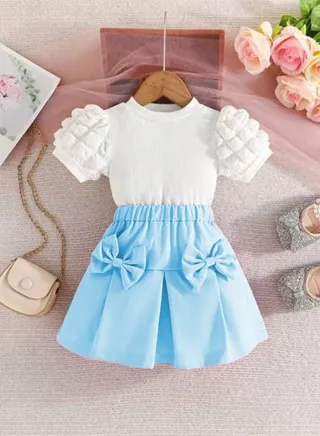 New Girls' Bubble Short Sleeve Top with Bow Skirt Set 