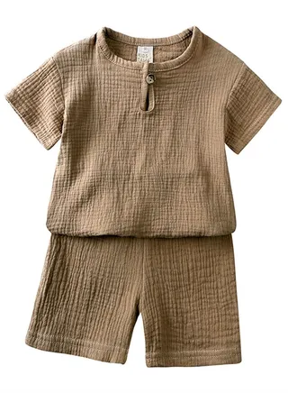 Children's Cotton Short-sleeved T-shirt Shorts Chinese Style Thin Suit Brown 