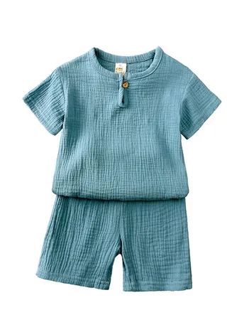 Children's Cotton Short-sleeved T-shirt Shorts Chinese Style Thin Suit Blue 