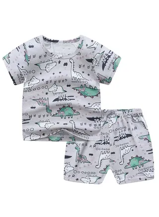 Cartoon Animal Printed T-Shirt And Shorts Set Grey/White/Green 