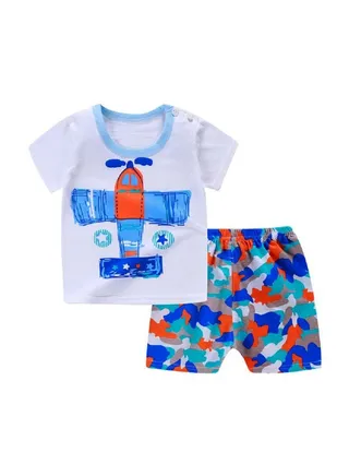 Aeroplane Printed T-Shirt And Short Set White/Blue/Orange 