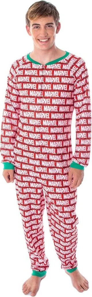 Marvel Logo Unionsuit with Christmas Lights Adult Onesie Pajamas Pjs Red