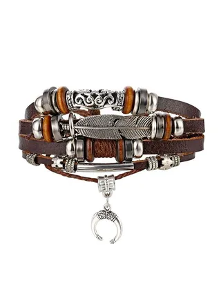 Leather Cuff Bracelet Set Multilayer Wrap Bracelet Crystal Feather Tree Bracelet Magnetic Clasp Bracelet for Man 
