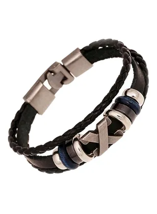 Braid Faux Leather Metal Beaded Cuff Punk Bracelet 