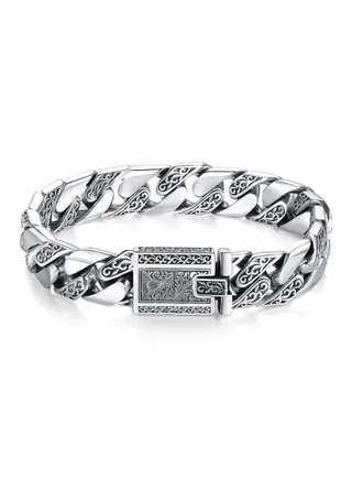 S925 Sterling Silver Men's Bracelet Personalized Evergreen Flower Punk Retro Thai Silver Glossy Chain 