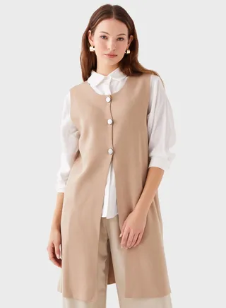 Crew Neck Button Detail Longline Vest 