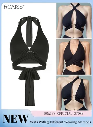 Women's Fashion Solid Color Vest Has a Variety of Wearing Methods Tank Top Lace up Slim Sleeveless Top Tie Up Top 