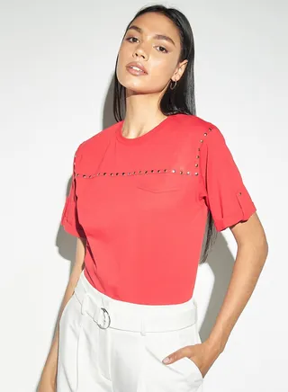 Iconic Stud Embellished Crew Neck T-shirt with Short Sleeves 