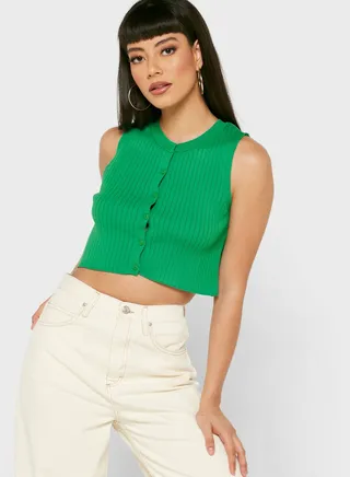 Button Detail Ribbed Tank Top 