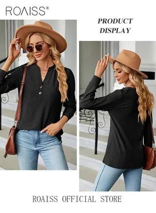 Ladies Casual Regular Fit Long Sleeve Top Women Solid Color Shirt with Button V neck Design Casual and Versatile 