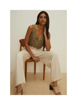 Animal Print Satin Textured Woven V Neck Vest 