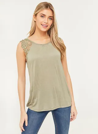 Long Jersey Tank With Crochet At Shoulders Green 