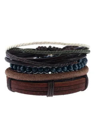 Set of 4 Woven Leather and Beads Bracelet 