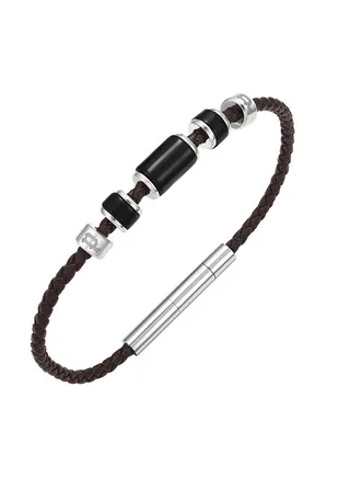 Police Bullion Brown Leather With Onyx Beads Gents Bracelet - PEAGB0032205 