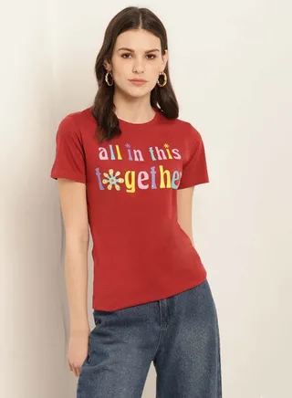 Printed Round Neck Casual Wear T-Shirt Rust Brown 