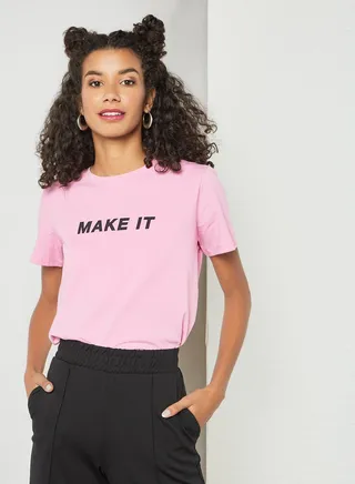 Slogan Print T-Shirt Pink 