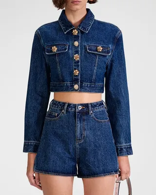 Cropped Denim Jacket with Diamanté Buttons
