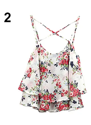 Women's Summer Spaghetti Strap Flower Print Chiffon Shirt Vest Blouses Crop Top White 