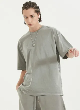 Unisex Vintage Casual Loose Shoulder Oversize Crew Neck Shaded Short Sleeve T-shirt 