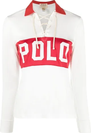 Logo-Print Lace-Up Polo Top