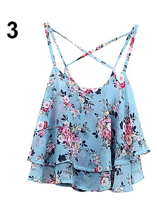 Women's Summer Spaghetti Strap Flower Print Chiffon Shirt Vest Blouses Crop Top Blue 