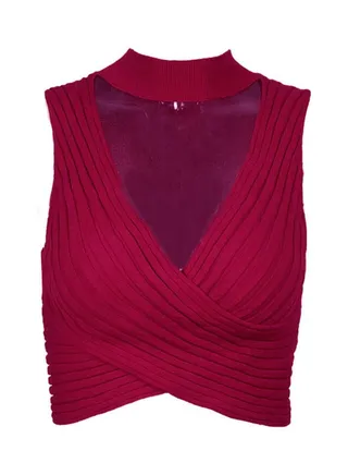 Sleeveless Knitted Crop Top Wine Red 