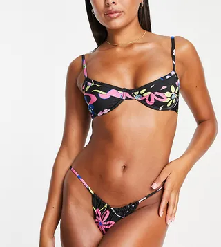 COLLUSION floral print ruched underwire bikini top in black