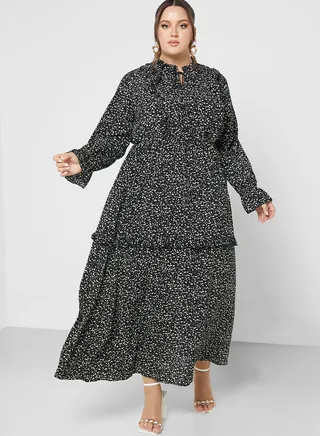 Tie Neck Tiered Frill Detail Dress
