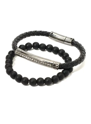 Set of 2 Leather and Beads Bracelet 