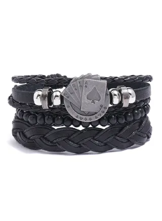 3-Piece Retro Woven Black Leather Bracelet DIY Suit Playing Card Pattern 