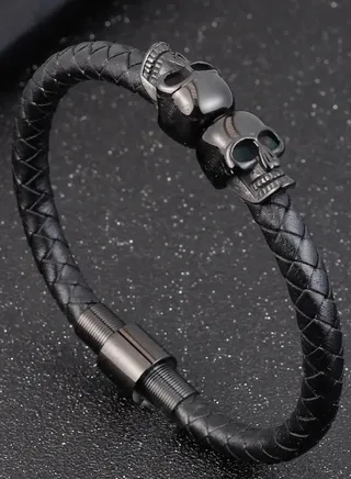 Leather and Stainless Steel Bracelet with Magnetic Clasp Black Skull for Men 