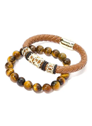 Set of 2 Leather andTiger's Eye Beads Bracelet 