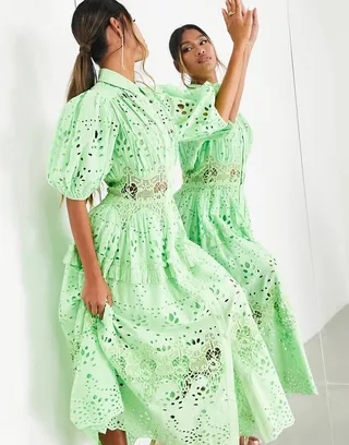 ASOS EDITION waisted broderie midi shirt dress with puff sleeve in lime green