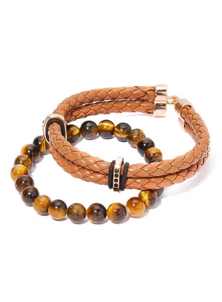 Set of 2 Leather andTiger's Eye Beads Bracelet 