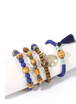 Boho Bracelets, Wood Beaded Bracelets Set,  Tree of Life Charm Bangles Jewelry, Multilayer Stretch Tassel Bracelets, Gifts for Women Teen Girls Wife Sister 