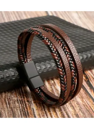 Classic Multilayer Braided Leather Bracelet for Men with Magnetic Clasp (Brown) 