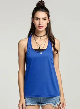 Loose Gym Fitness Side Split Solid Casual Sports Vest Blue 