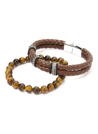 Set of 2 Leather andTiger's Eye Beads Bracelet 