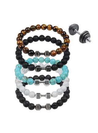Dumbbell Bracelet for Men Gym Bracelet, Volcanic Lava Stone Adjustable Natural Stone Beads Fitness Barbell Bracelet, 5 Pcs - 5 Color 