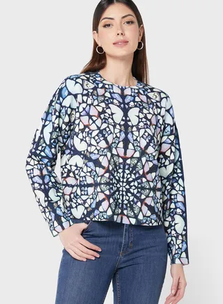 Round Neck Floral Printed Sweater
