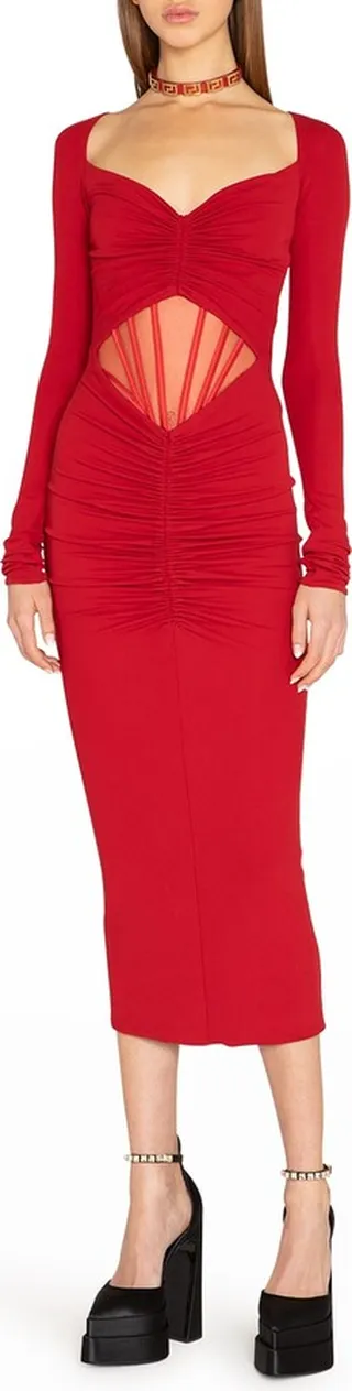 Ruched Corset Mesh-Inset Midi Dress