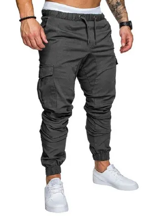 Men's Solid Color Casual Tie Elastic Sports Pants 