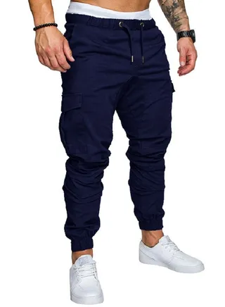 Men's Solid Color Casual Tie Elastic Sports Pants 