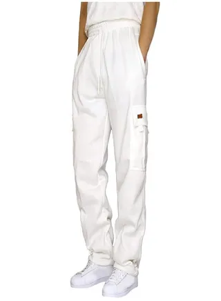 Men's Loose Wpants With Plush Cuffs, Multiple Pockets, And Tied Ropes White 